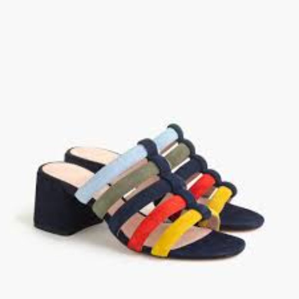 J. Crew Strappy Sandals Multicolor navy Suede Slides Block Heel Size 7